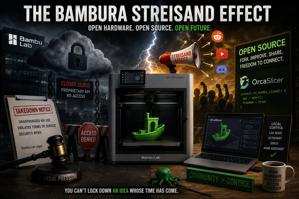 Editorial illustration showing a Bambu Lab 3D printer caught between closed cloud control and the open-source community, highlighting the “Bambura Streisand Effect” controversy surrounding OrcaSlicer and API restrictions.