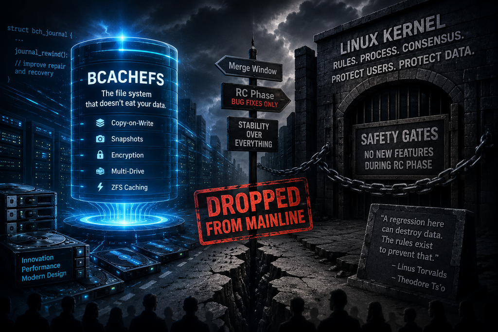Dramatic illustration showing the Bcachefs filesystem separated from the Linux kernel by security gates, symbolizing its removal from the mainline Linux kernel after development disputes over stability and release protocols.