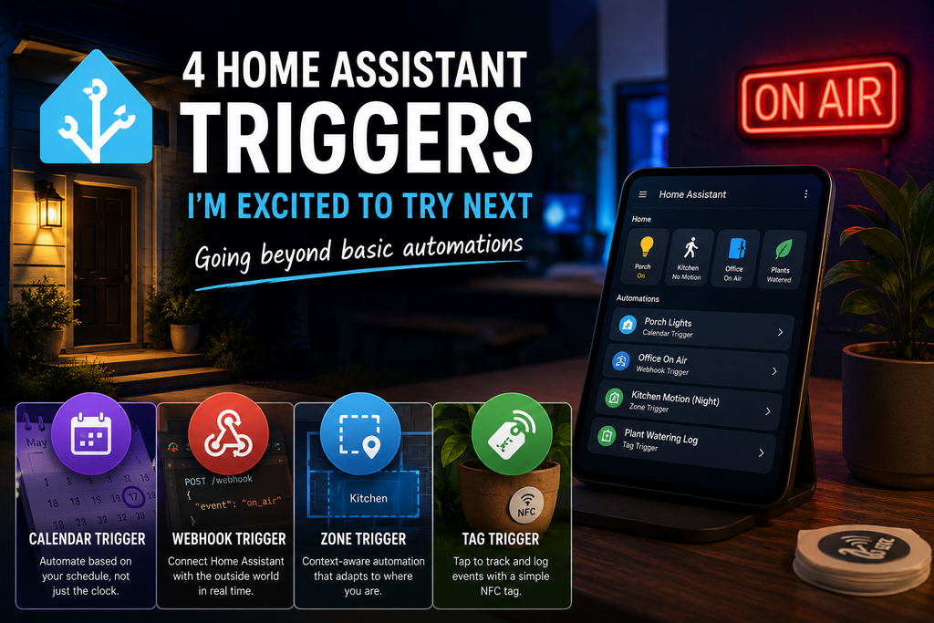 Stylized Home Assistant automation dashboard displayed on a smart tablet beside an illuminated “On Air” sign, featuring visual icons for calendar, webhook, zone, and NFC tag triggers in a modern smart home environment.
